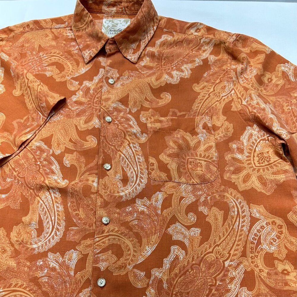 Tasso Elba Island Mens Orange Paisley Button-Down Shirt 75% Silk 25% Linen Short - Picture 5 of 16